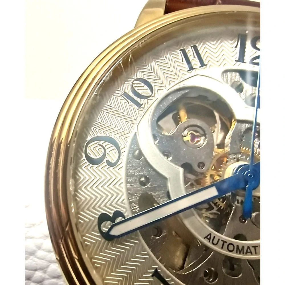 Stuhrling Delphi Oracle 107BG Automatic 44mm Skeleton Watch Gold toned Leather - Picture 5 of 16